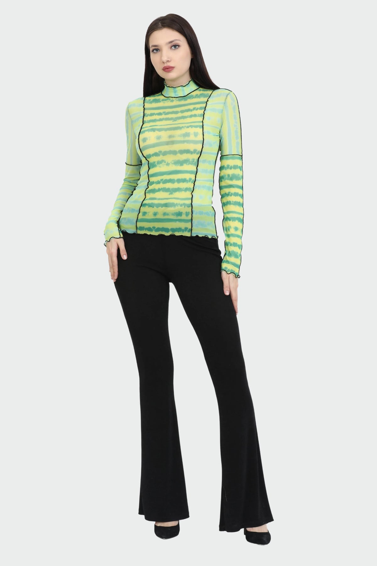 Turtleneck Long Sleeve Green Mint Yellow Tie Dye Blouse