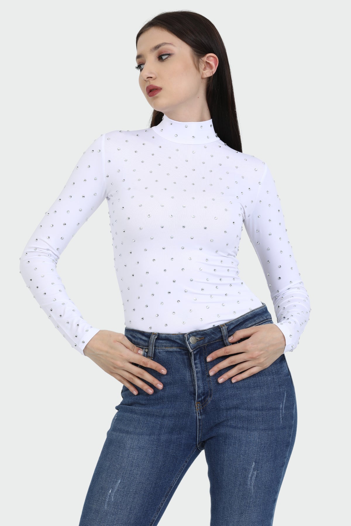 Heny White Mock Neck Embellished Top