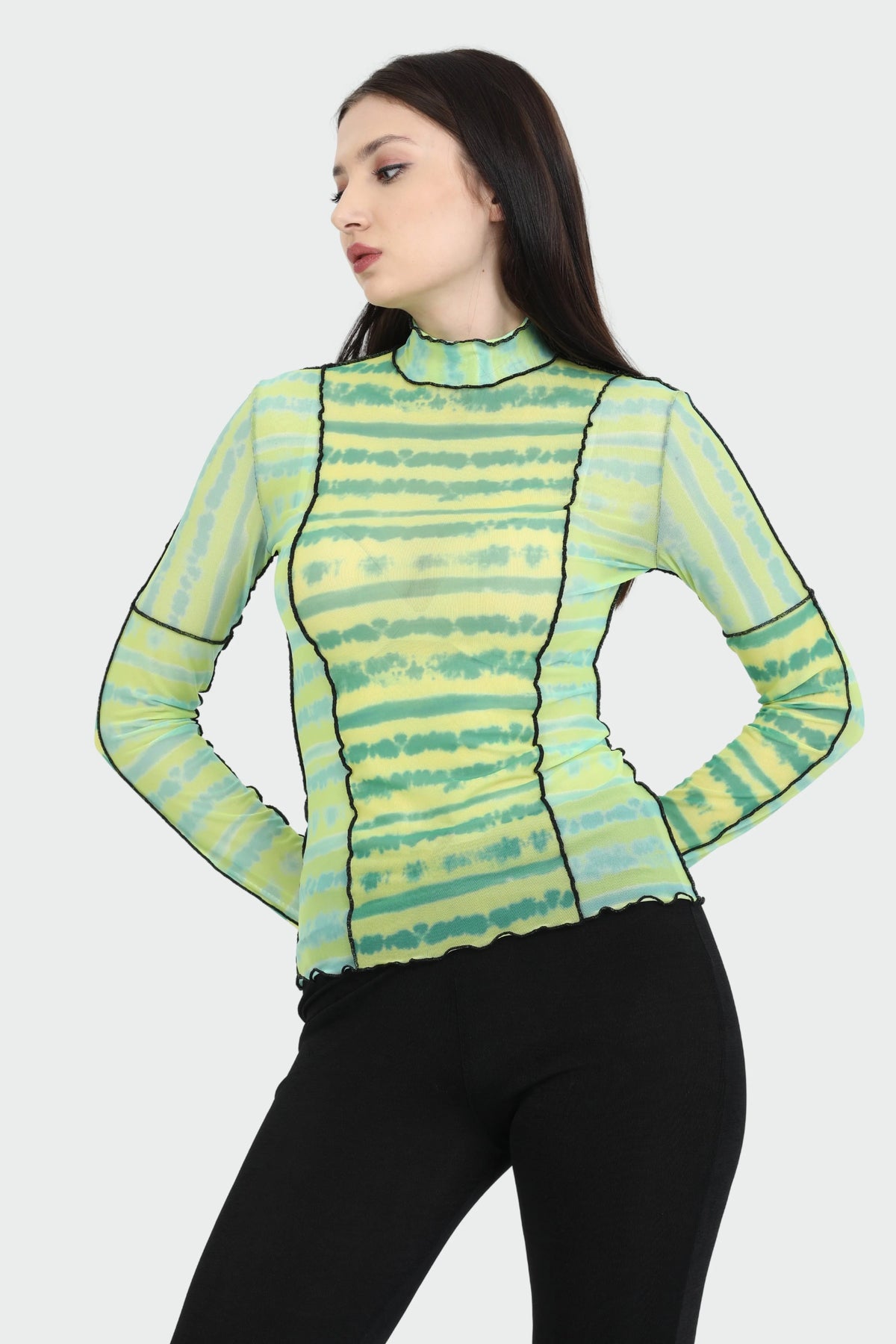 Turtleneck Long Sleeve Green Mint Yellow Tie Dye Blouse