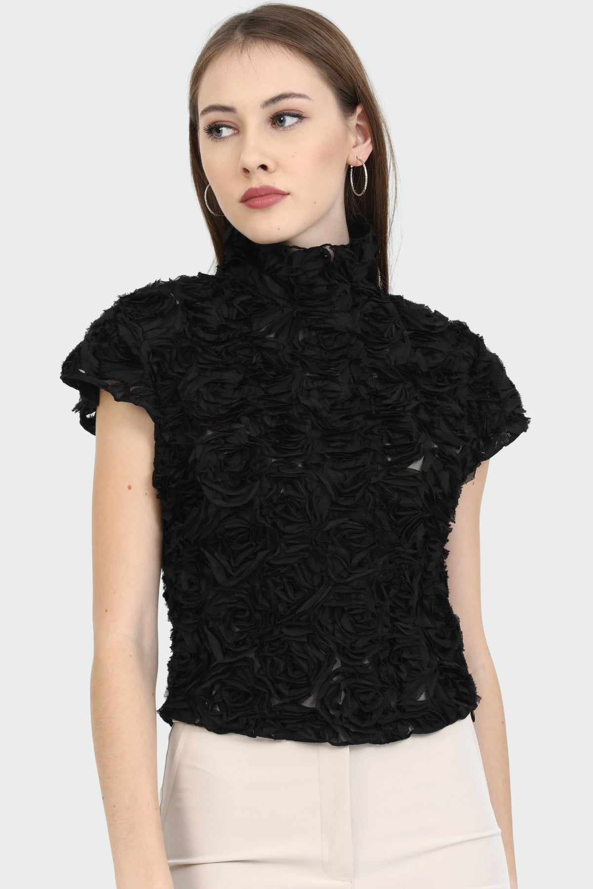 Black Rose-Embellished Mock Neck Top