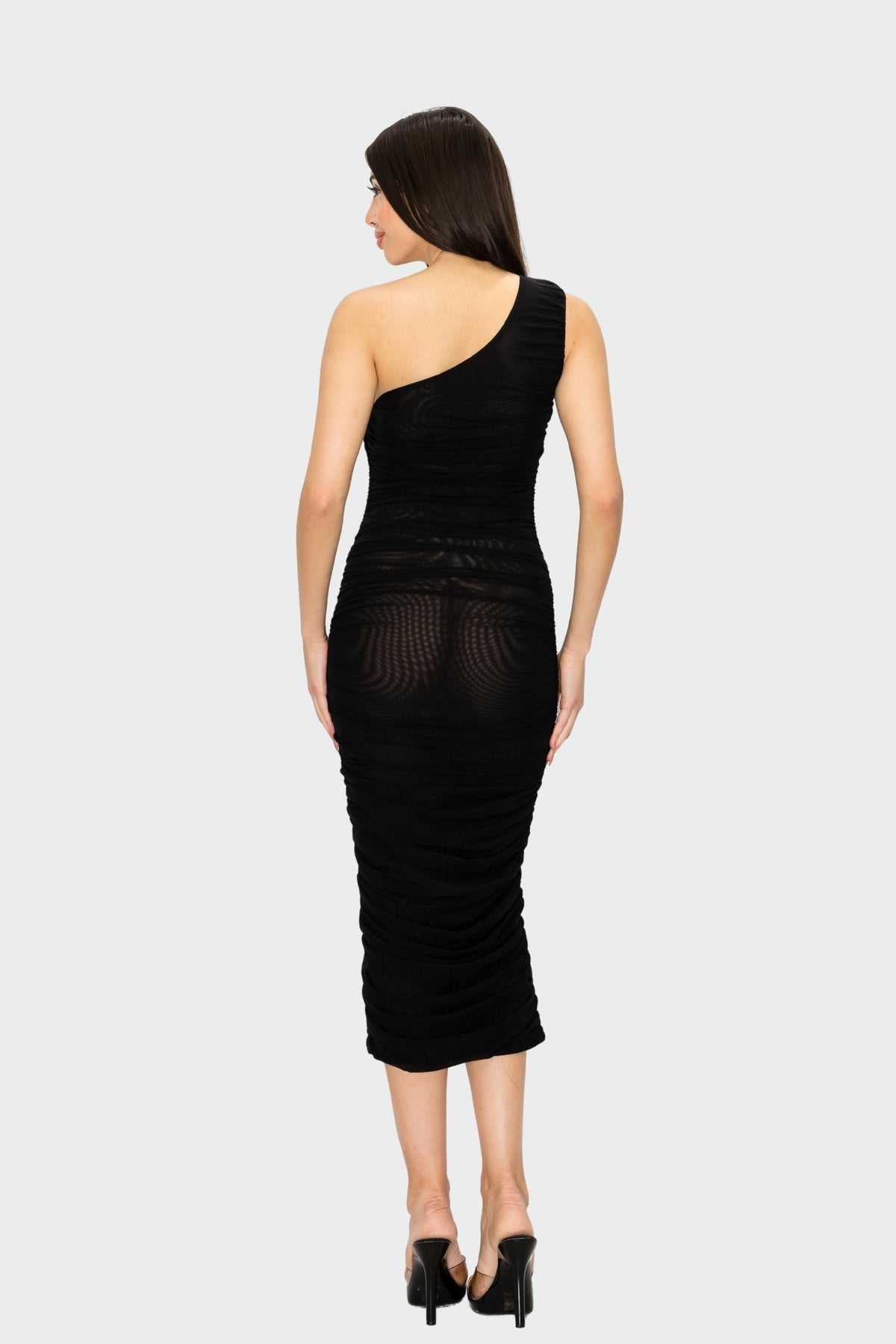 Shirred One-Shoulder Mesh Dress