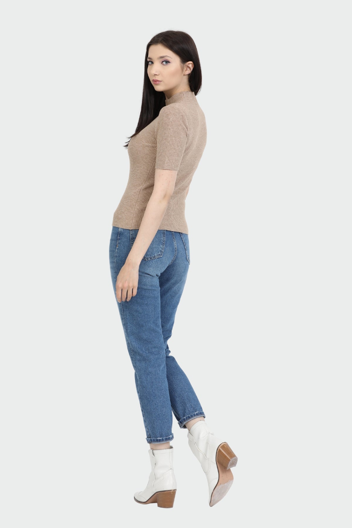 Mock Neck Elbow Sleeve Rib Sweater