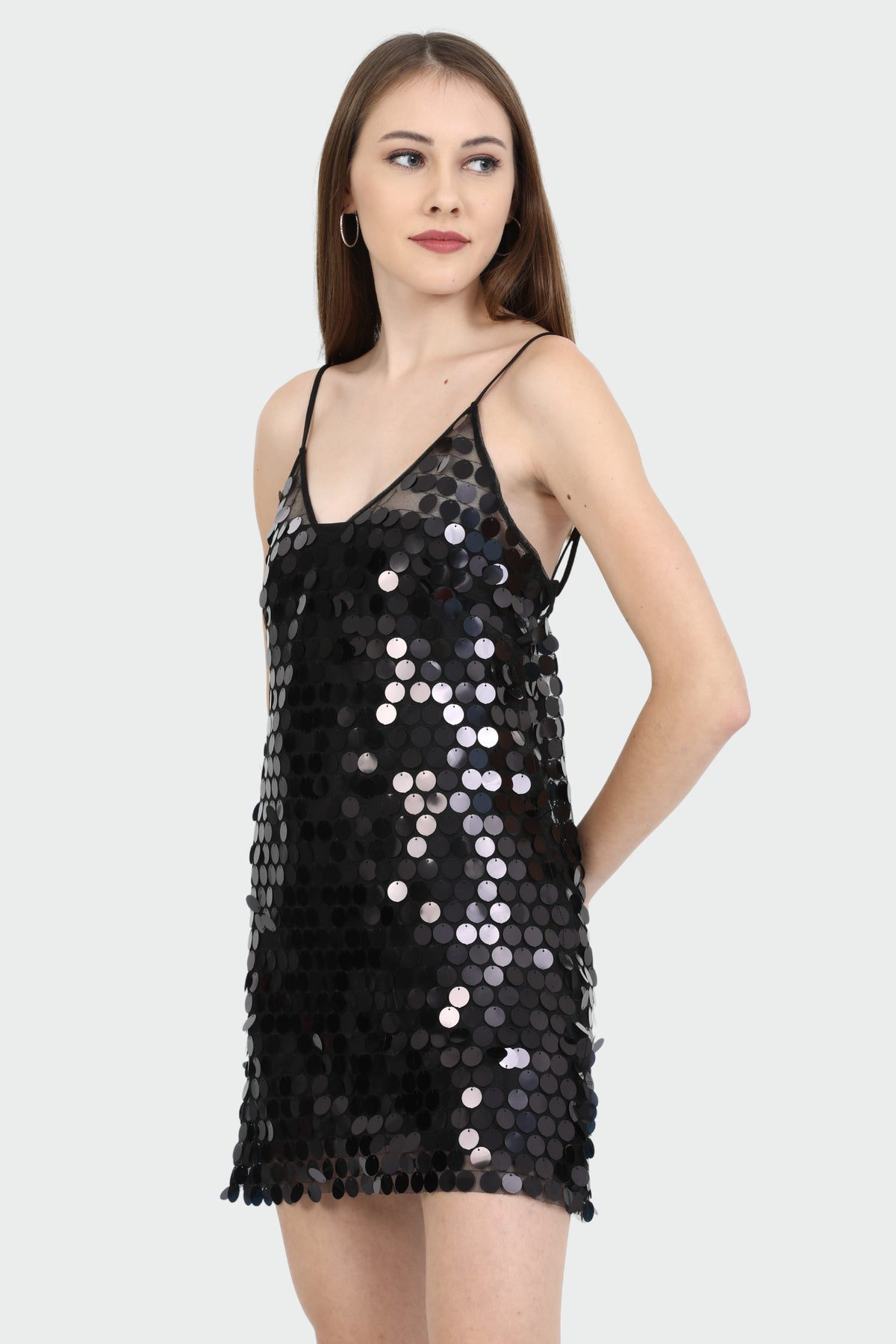 Sheer Disc Sequin Black Dress
