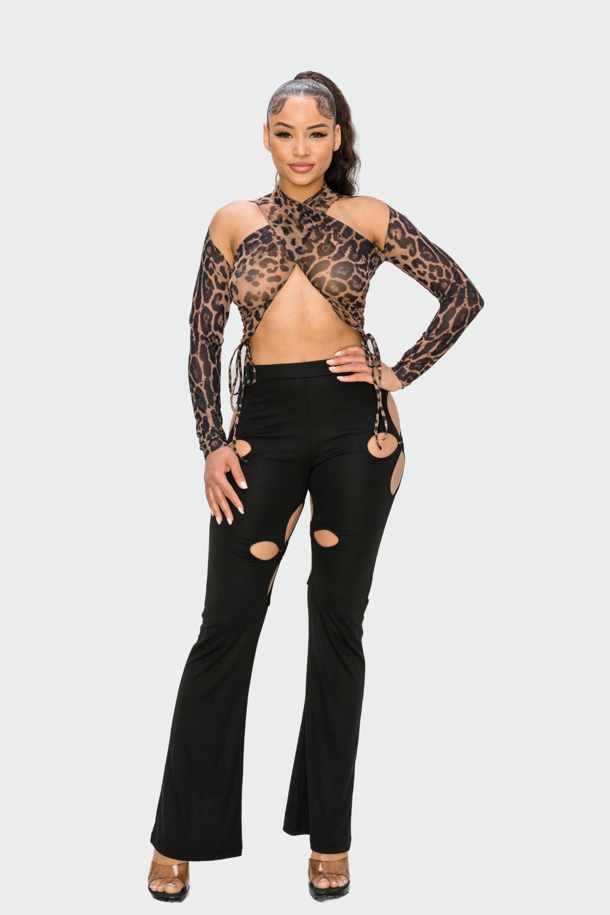 Nude Leopard Printed Crop Mesh Top