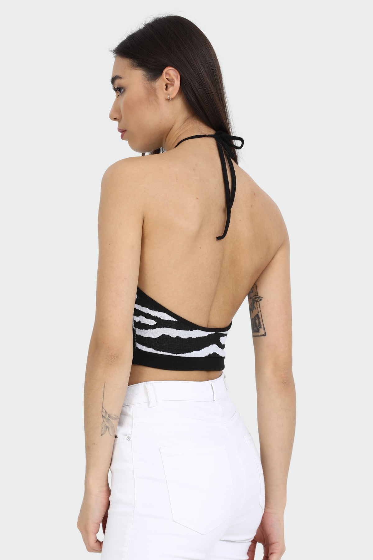 Black-White Printed Halter Crop Top