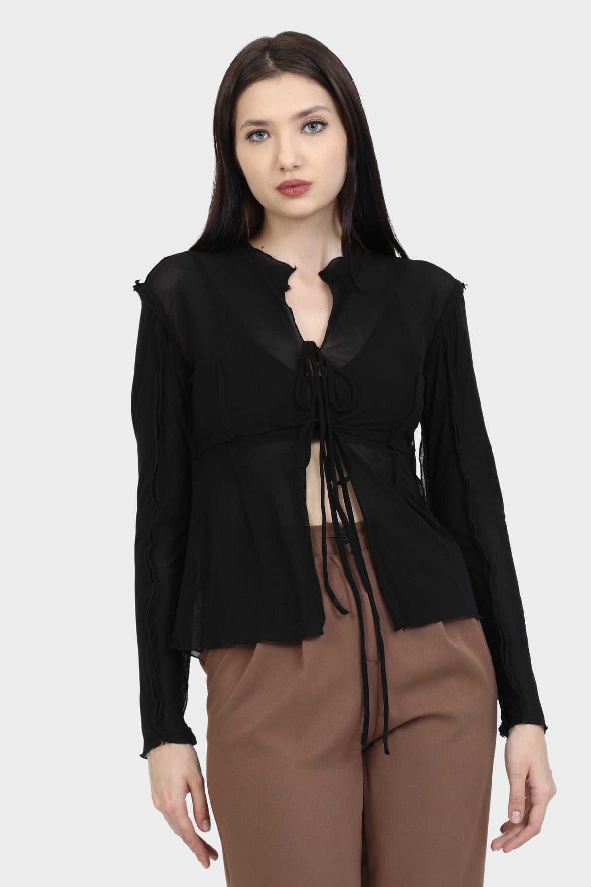 Tie-Front Black Mesh Top