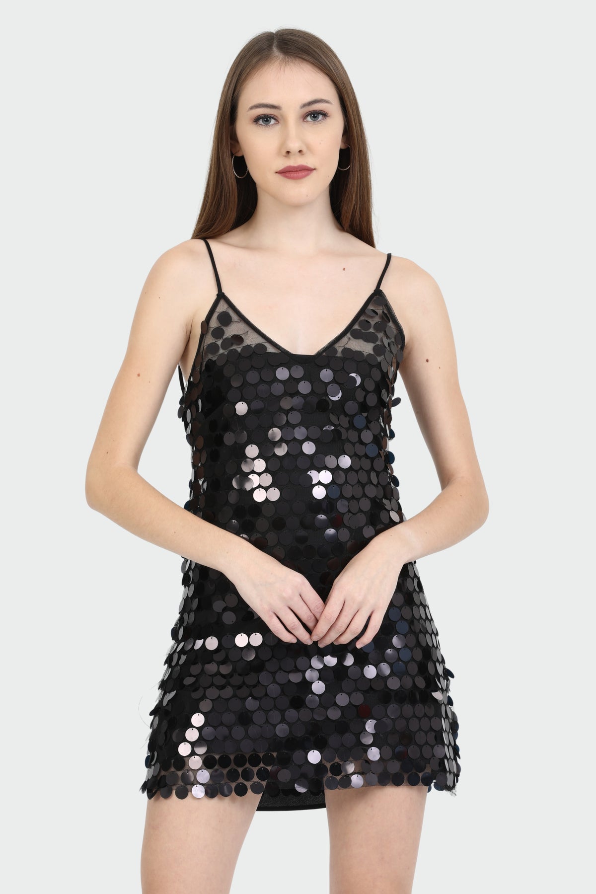 Sheer Disc Sequin Black Dress