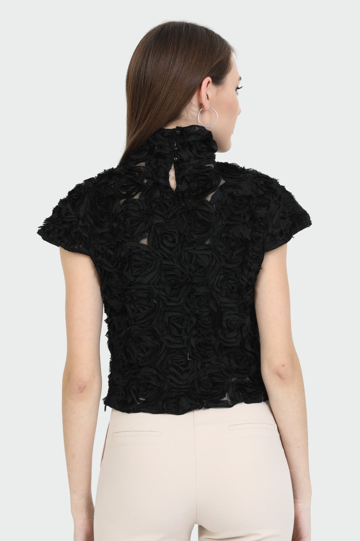 Black Rose-Embellished Mock Neck Top