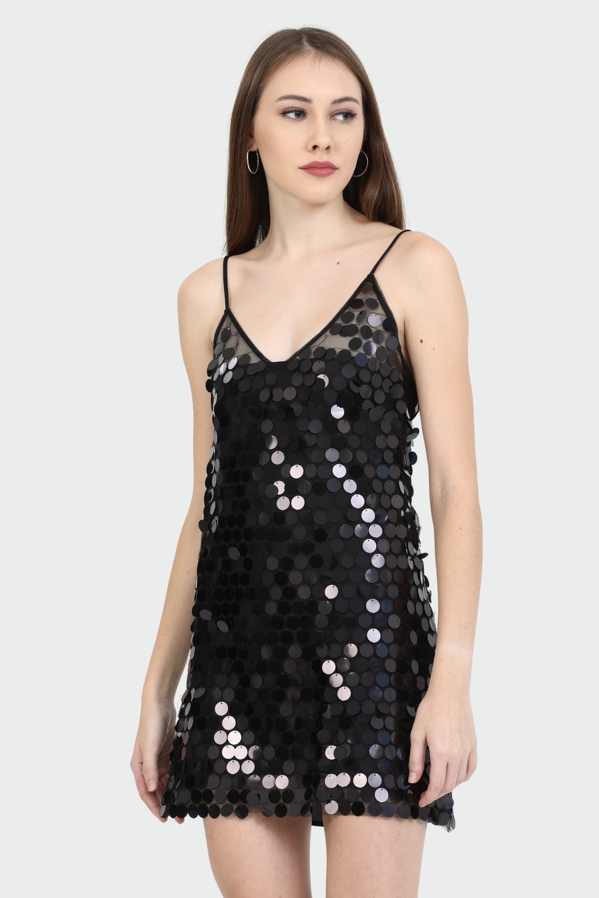 Sheer Disc Sequin Black Dress