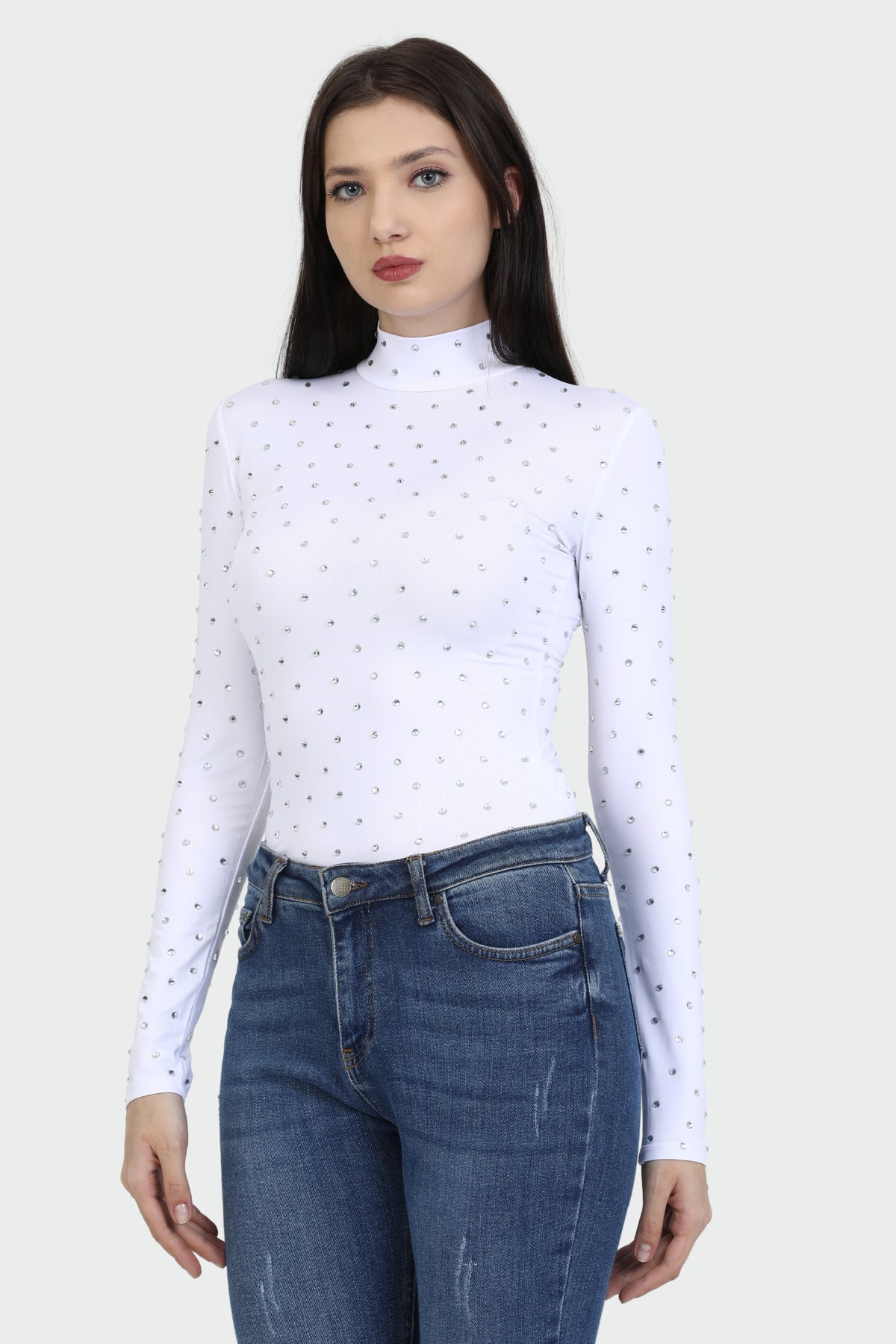 White Mock Neck Embellished Top