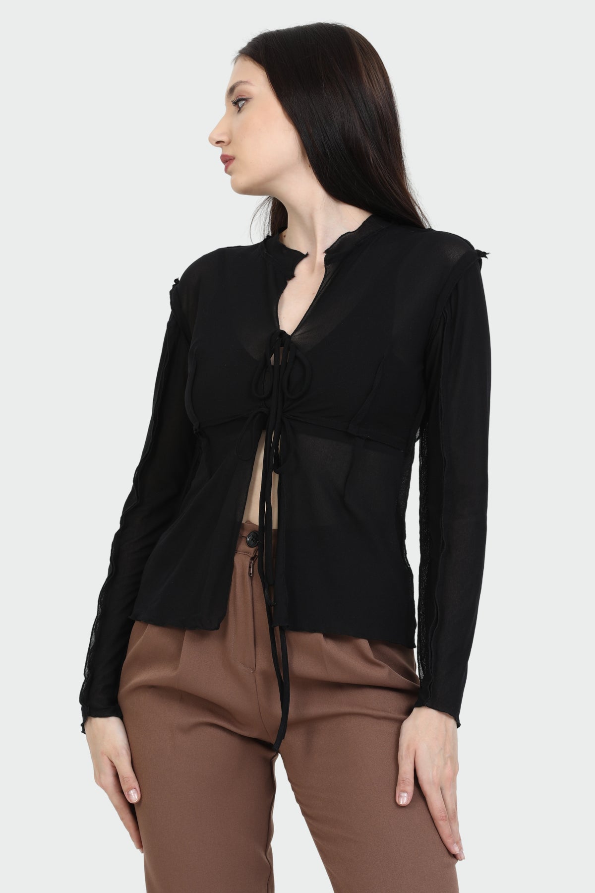 Tie-Front Black Mesh Top
