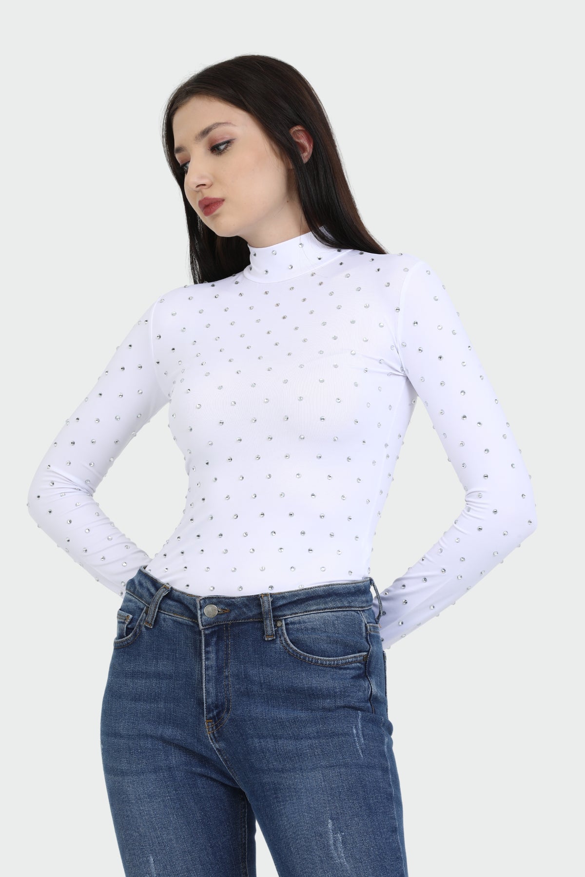 White Mock Neck Embellished Top