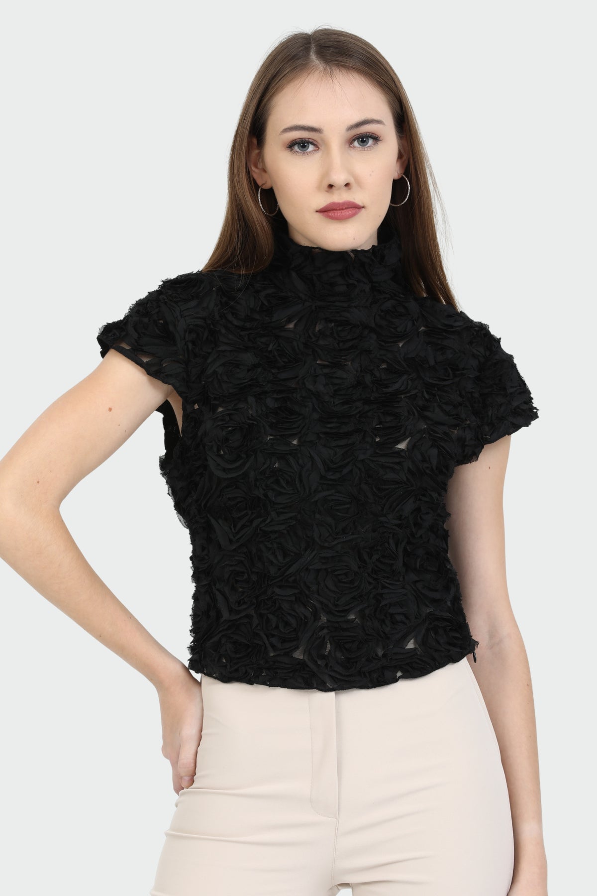 Black Rose-Embellished Mock Neck Top