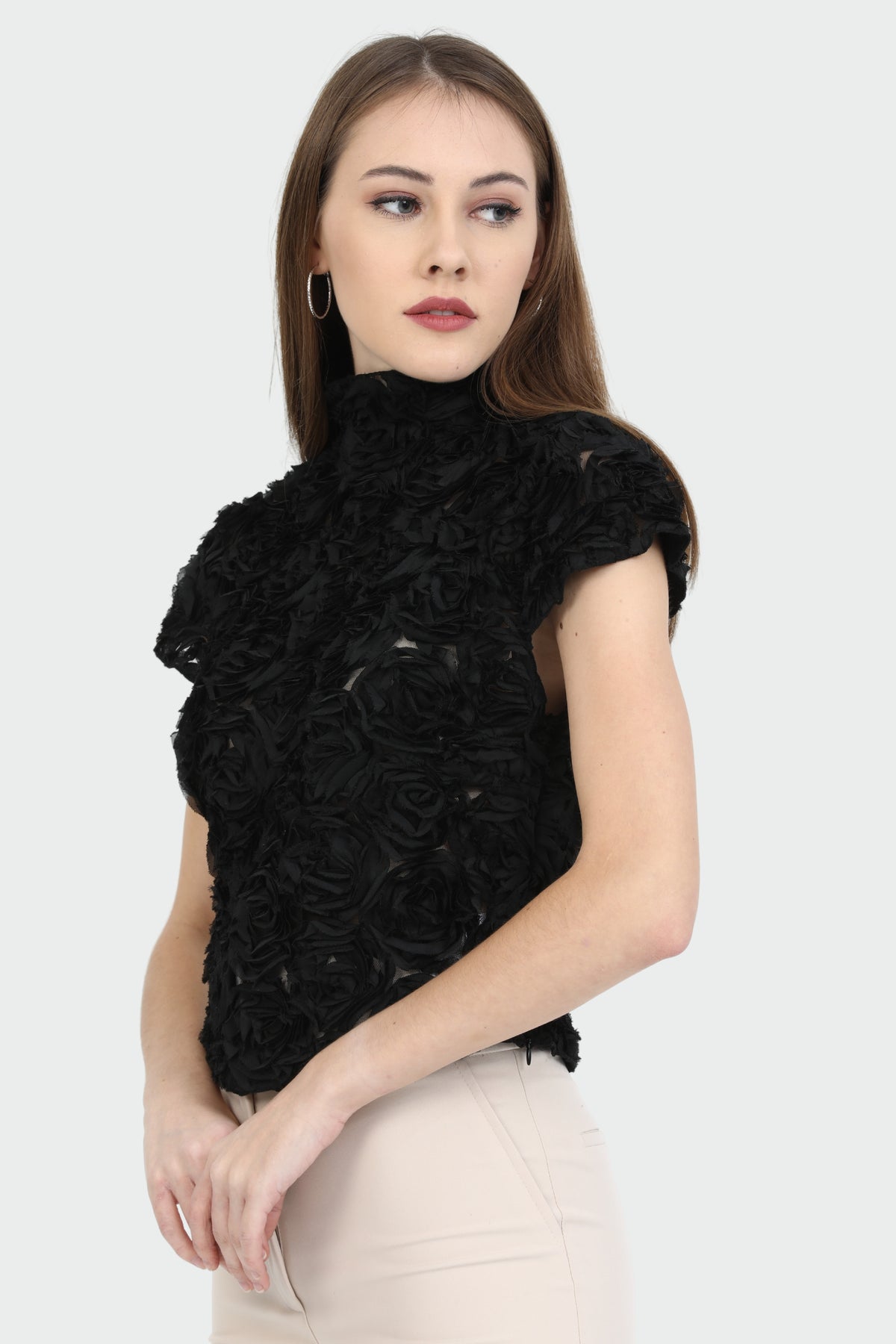 Black Rose-Embellished Mock Neck Top