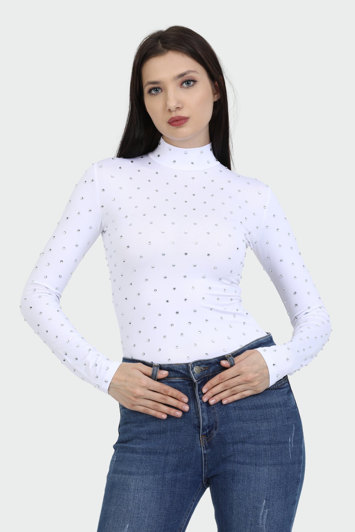 White Mock Neck Embellished Top