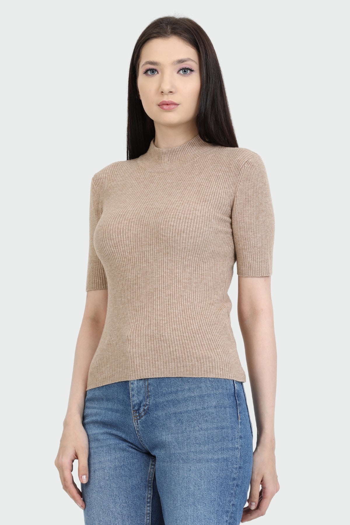 Mock Neck Elbow Sleeve Rib Sweater