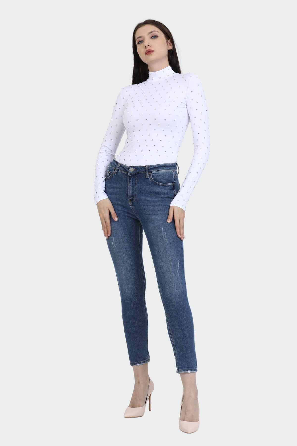 White Mock Neck Embellished Top