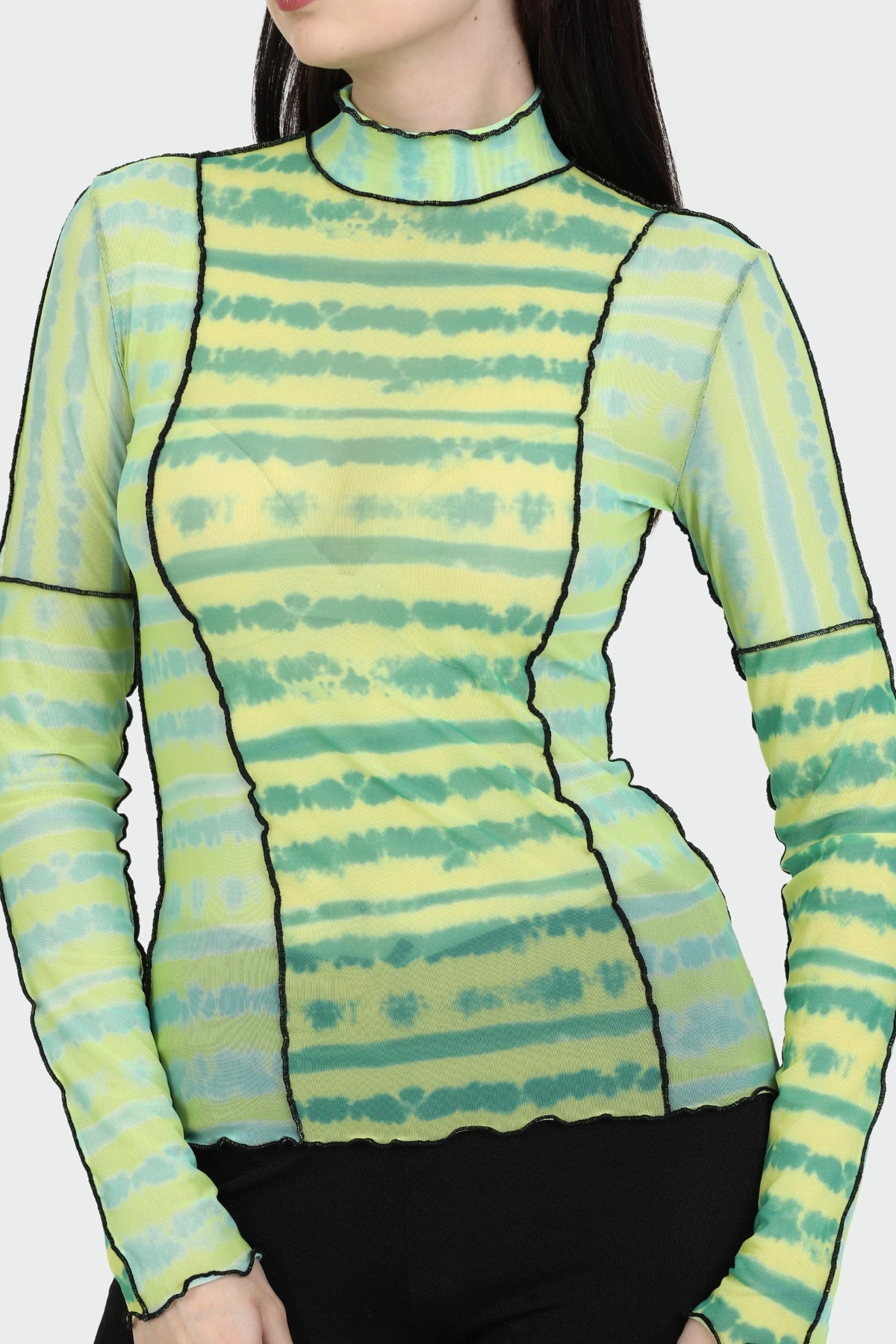 Turtleneck Long Sleeve Green Mint Yellow Tie Dye Blouse