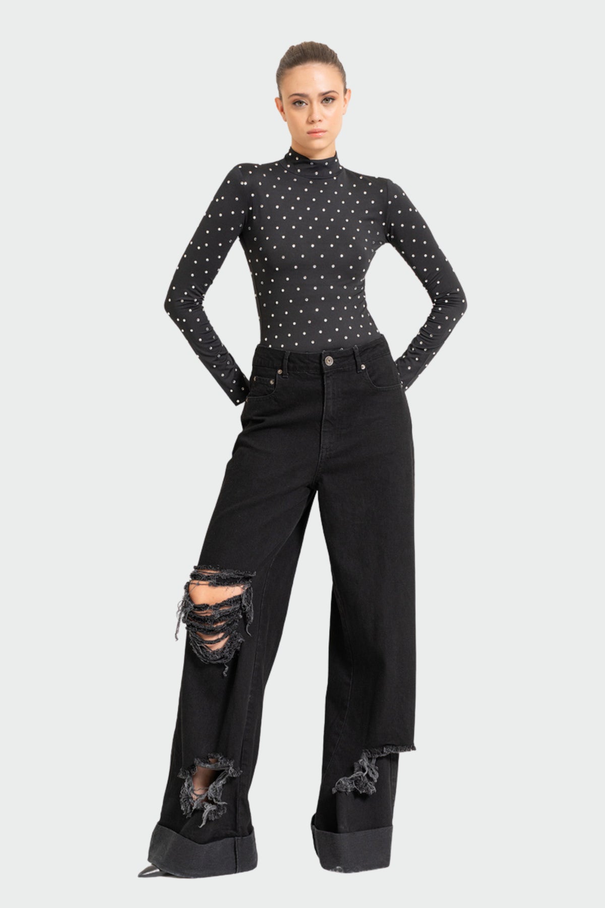 Black Mock Neck Embellished Top