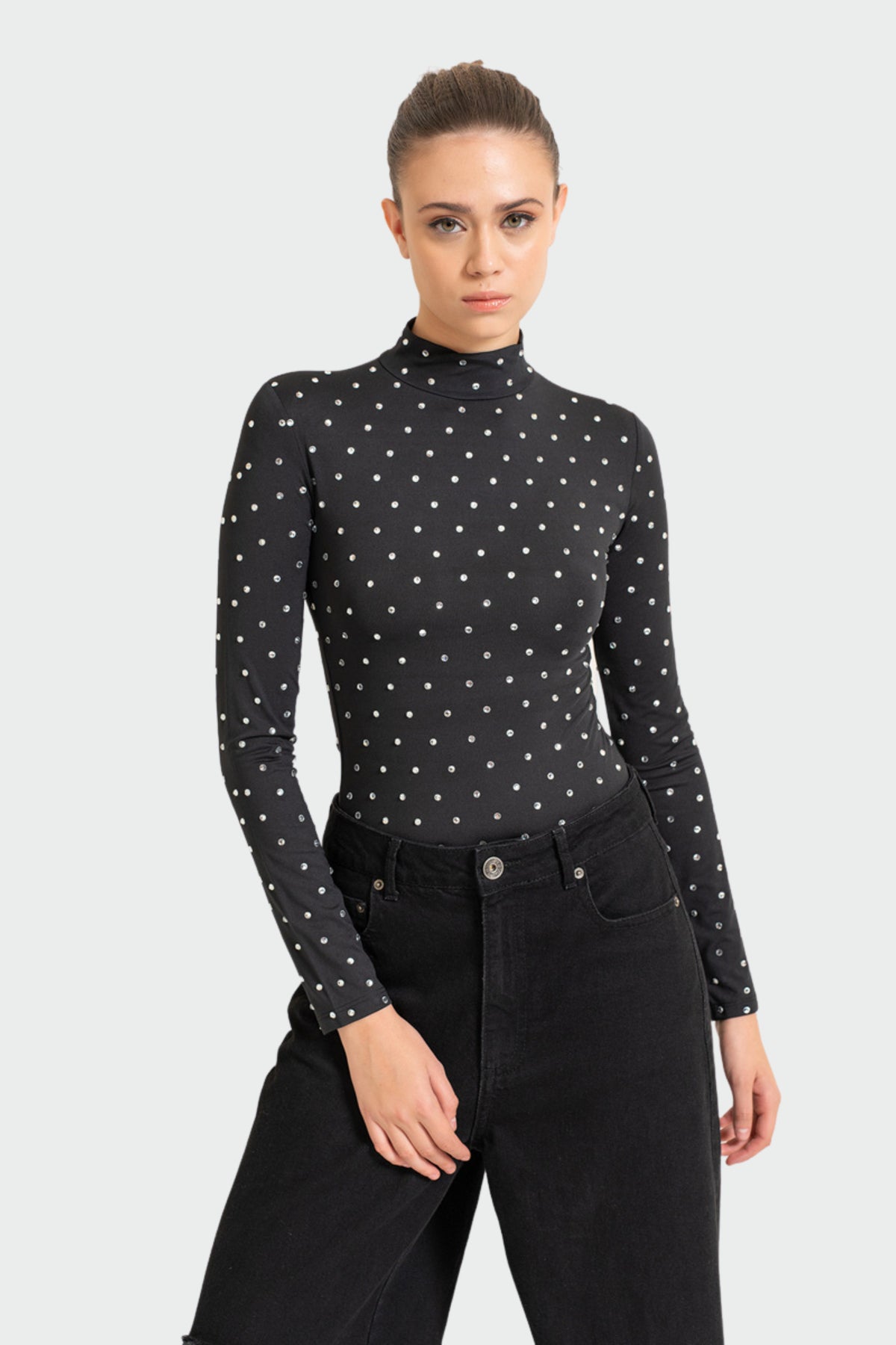 Black Mock Neck Embellished Top