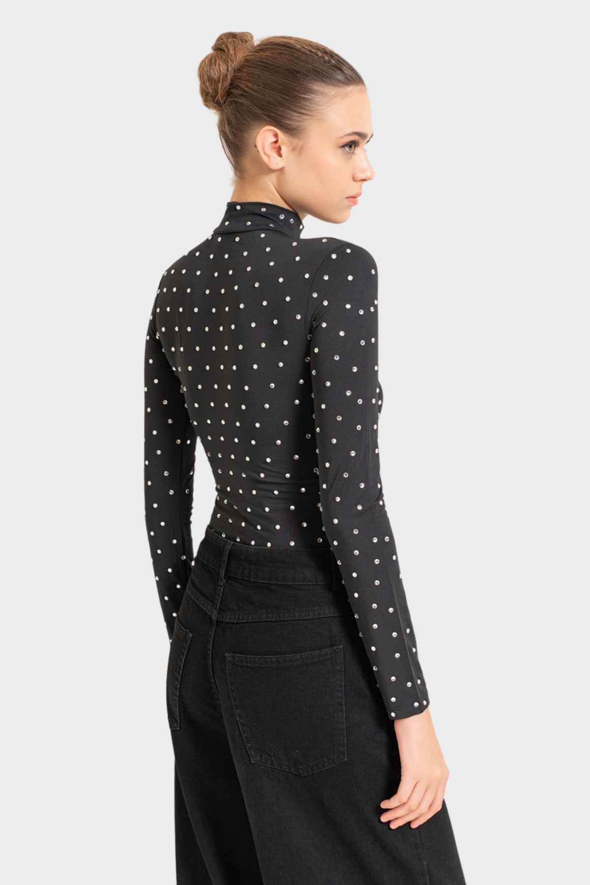 Black Mock Neck Embellished Top