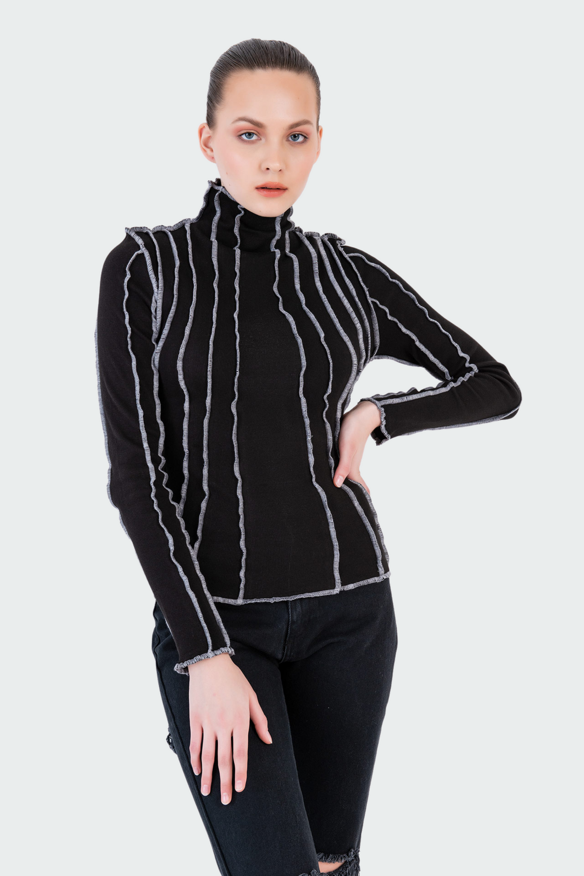 Black contrast-piping mock neck top