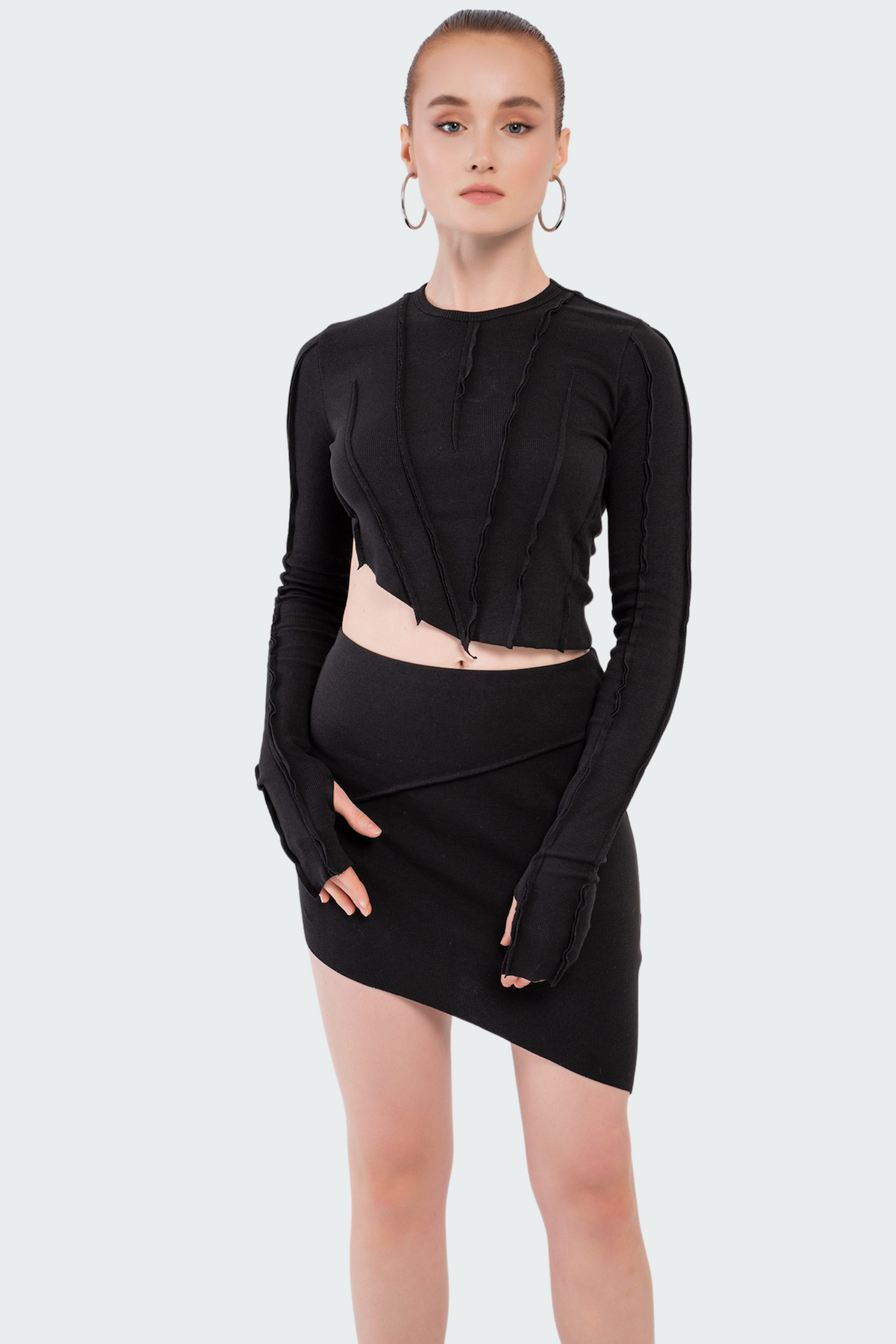 Black piping crop top & mini skirt set