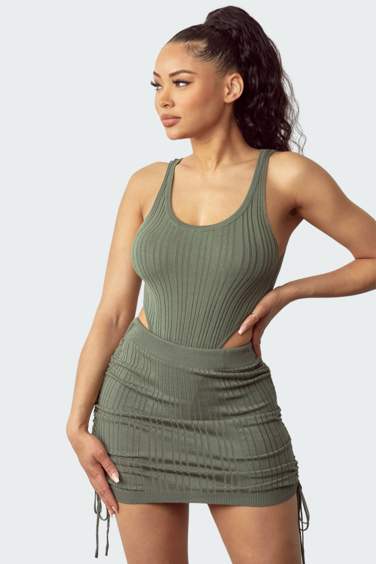 Bodysuit And Ruched Mini Skirt Set