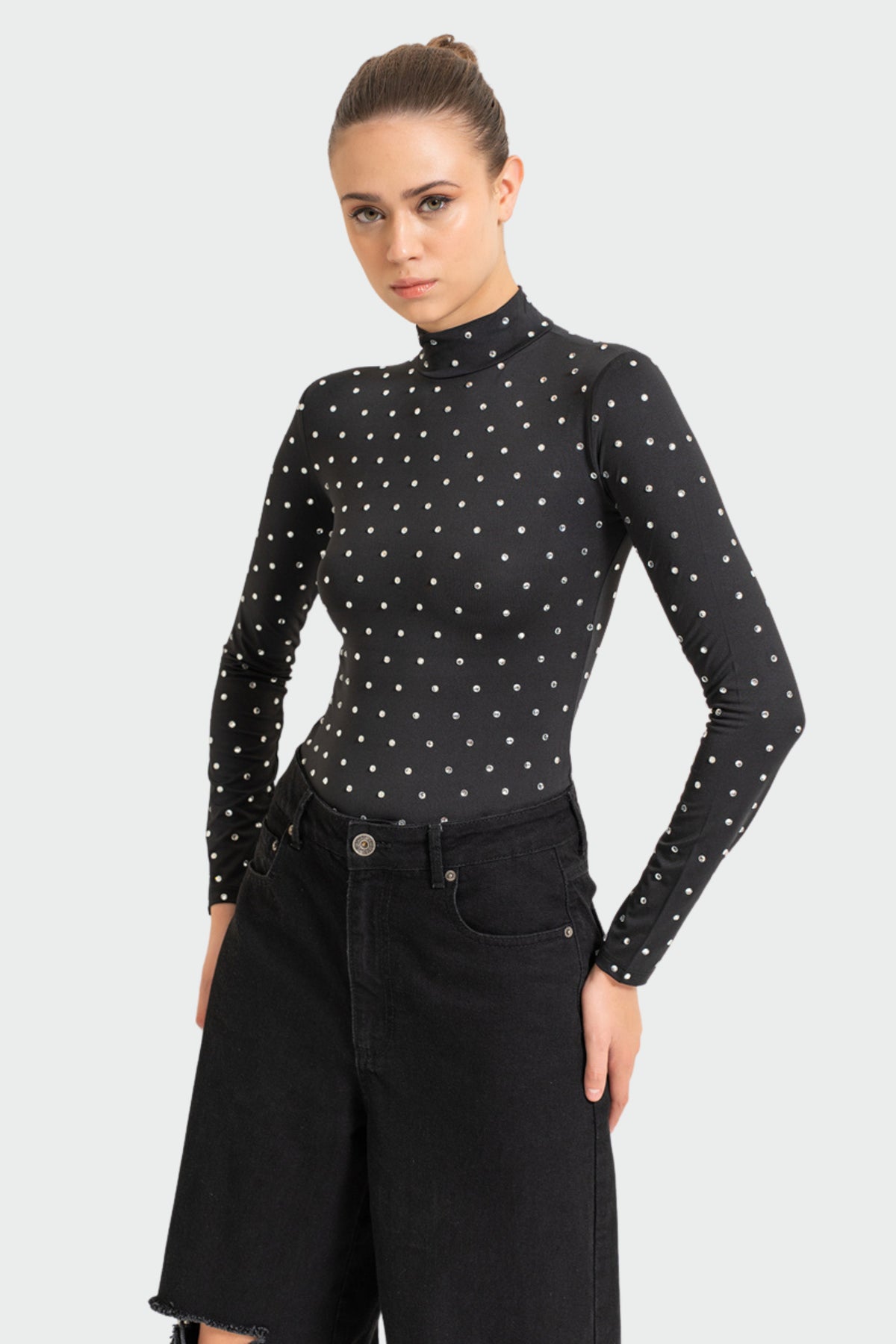 Black Mock Neck Embellished Top
