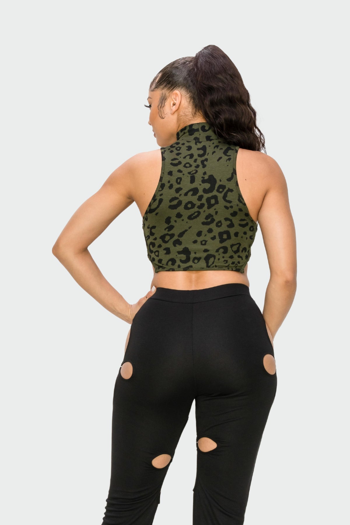Khaki and Black Leopard Printed O-Ring Crop Top