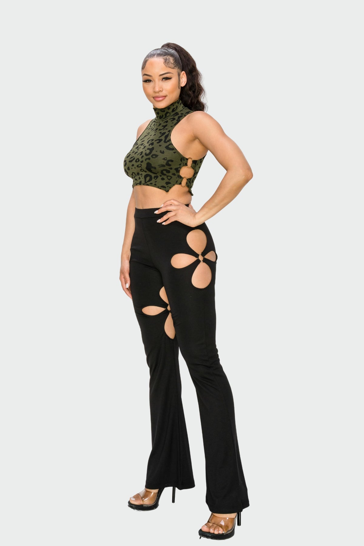 Khaki and Black Leopard Printed O-Ring Crop Top
