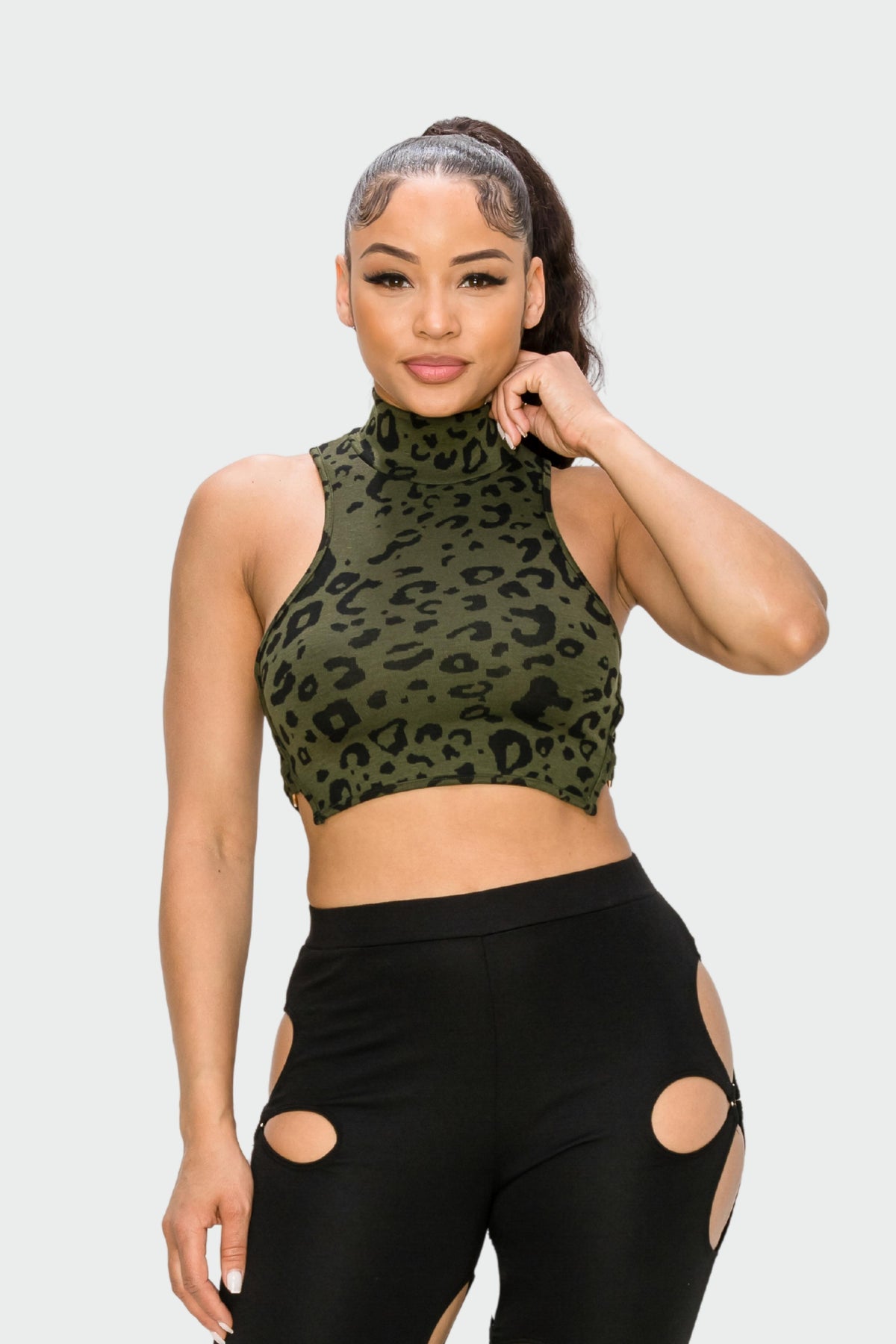 Khaki and Black Leopard Printed O-Ring Crop Top