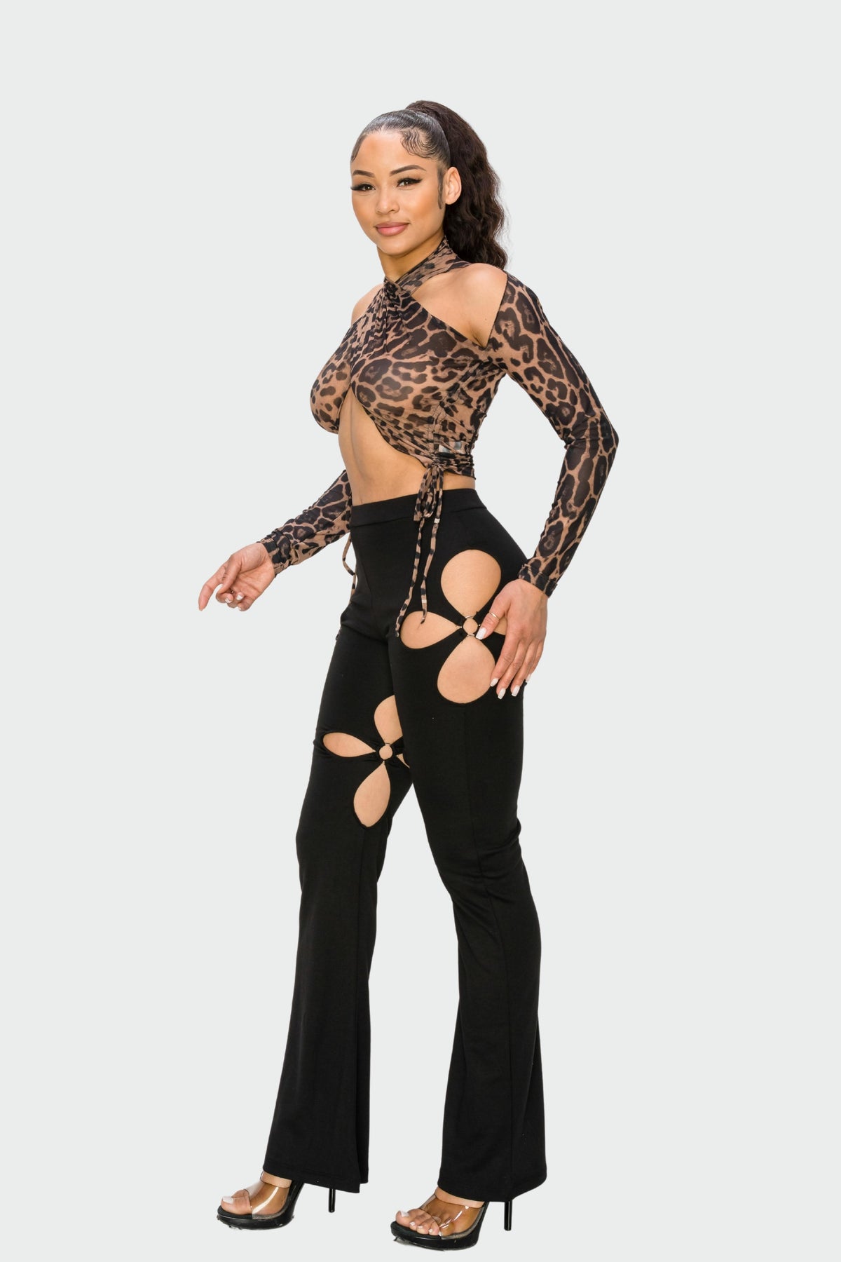 Nude Leopard Printed Crop Mesh Top