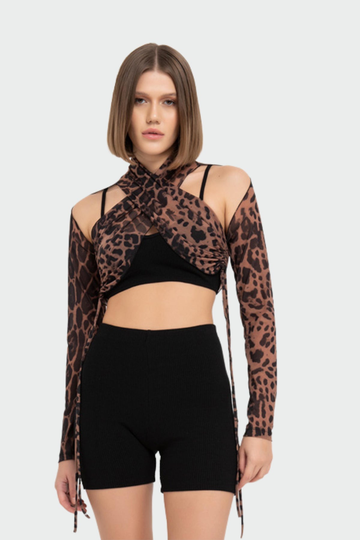 Nude Leopard Printed Crop Mesh Top