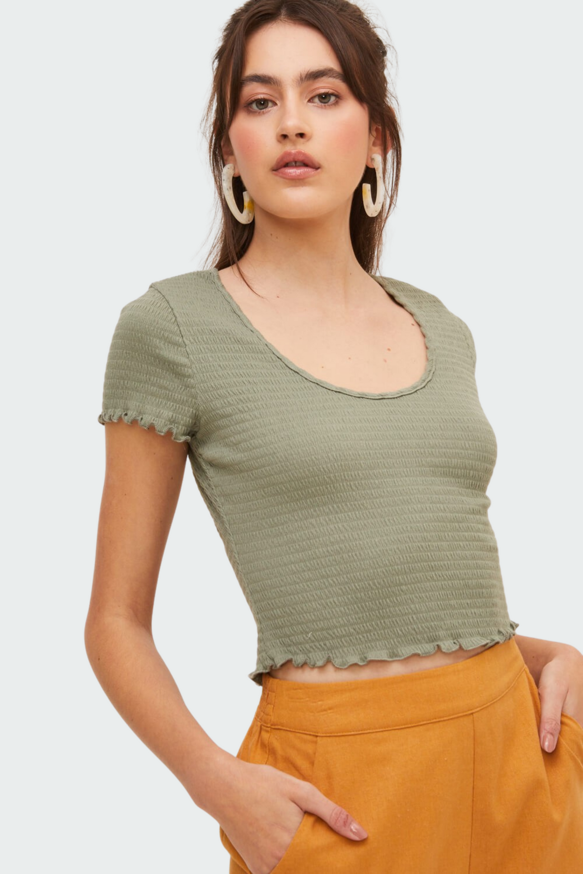 Smocked Short Sleeve Top with Round Neckline