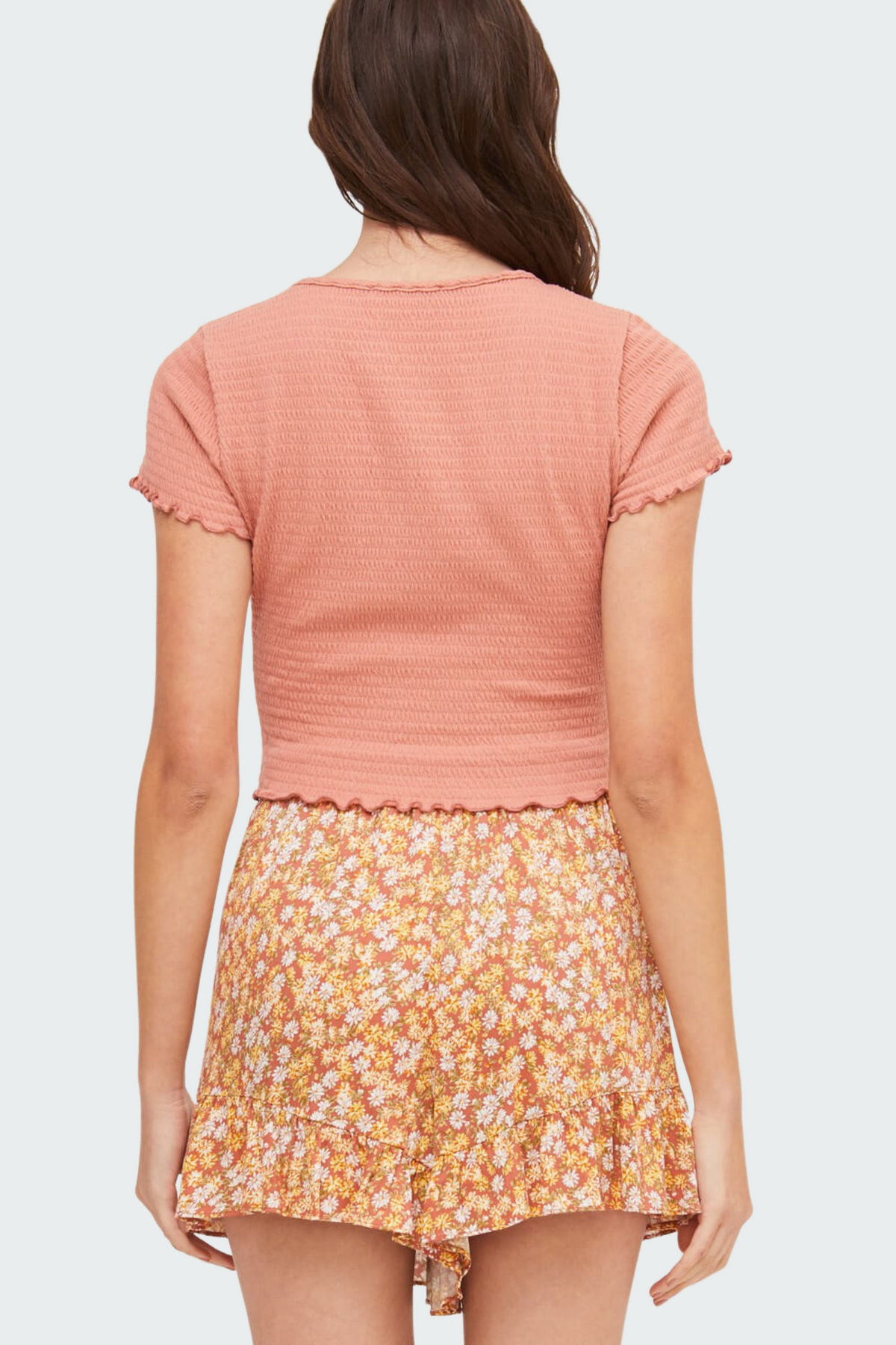 Smocked Short Sleeve Top with Round Neckline