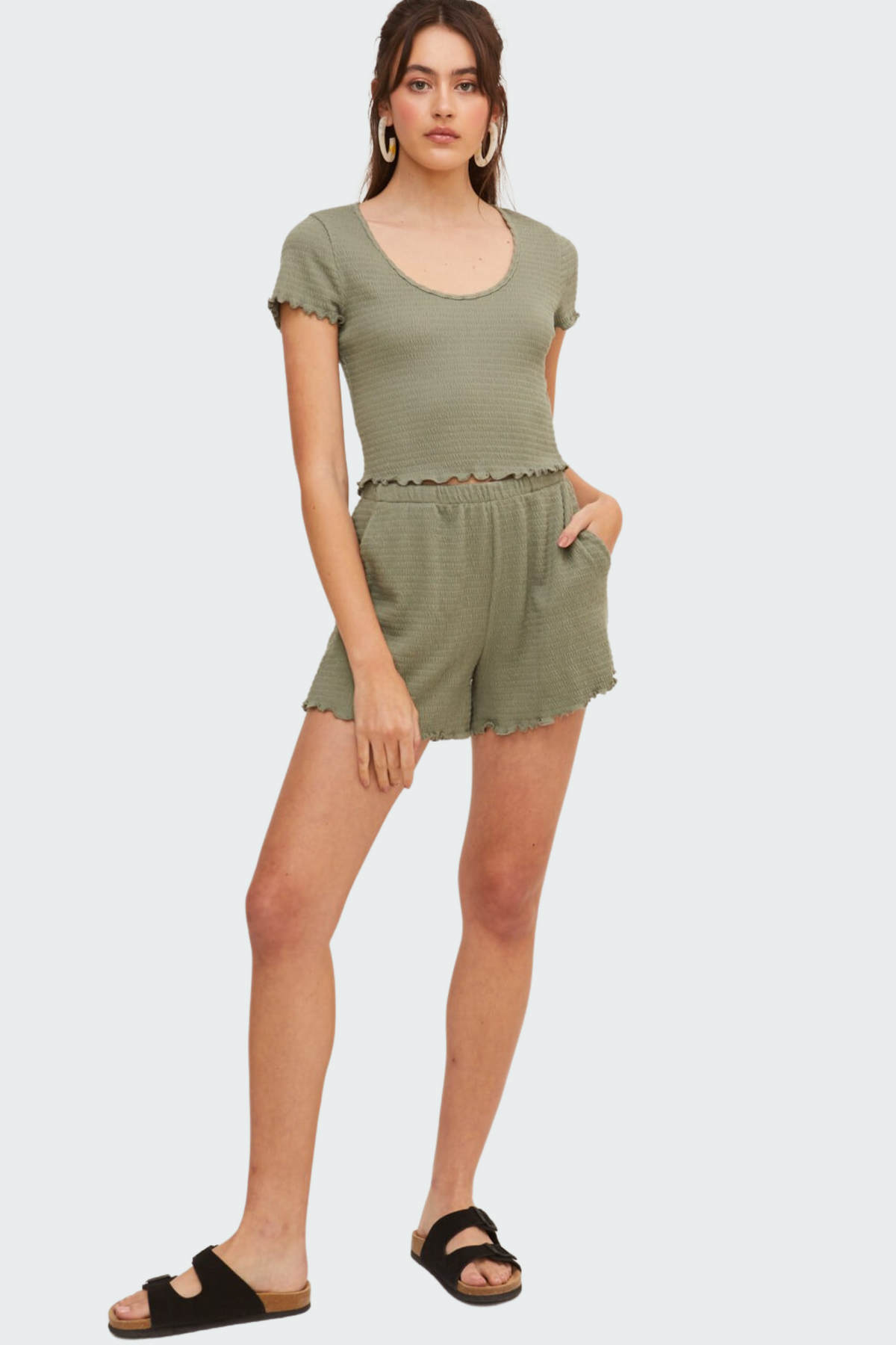 Smocked Short Sleeve Top with Round Neckline