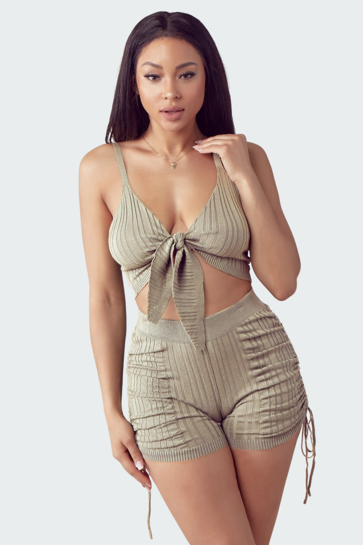 Tied front crop top Side Ruched detail shorts Rib knit fabric