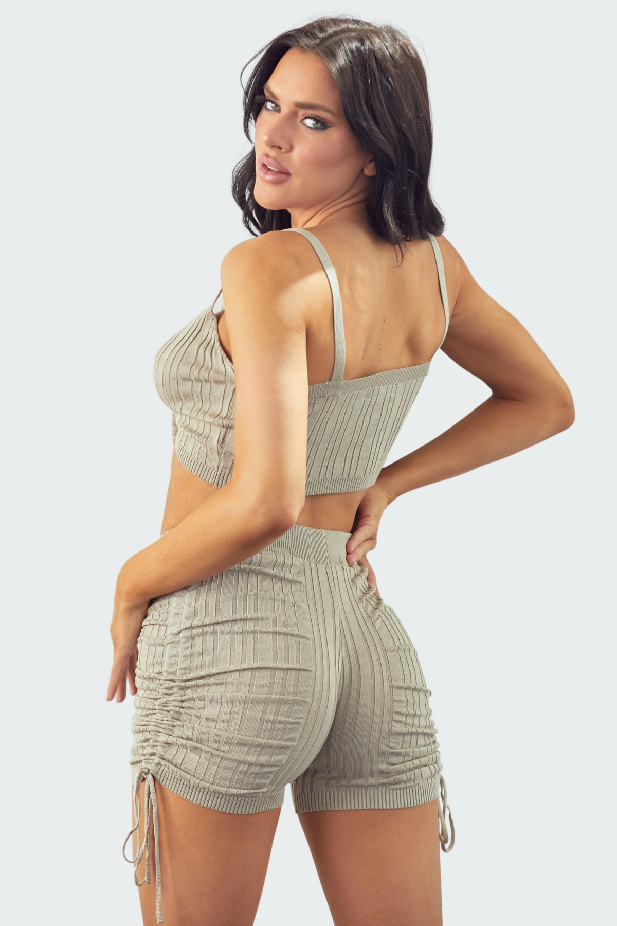 Tied front crop top Side Ruched detail shorts Rib knit fabric
