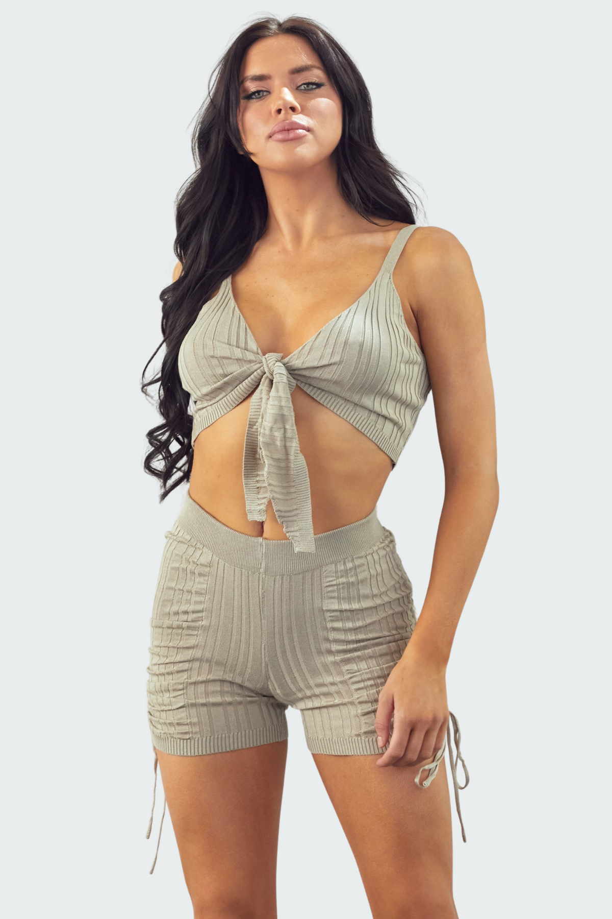 Tied front crop top Side Ruched detail shorts Rib knit fabric
