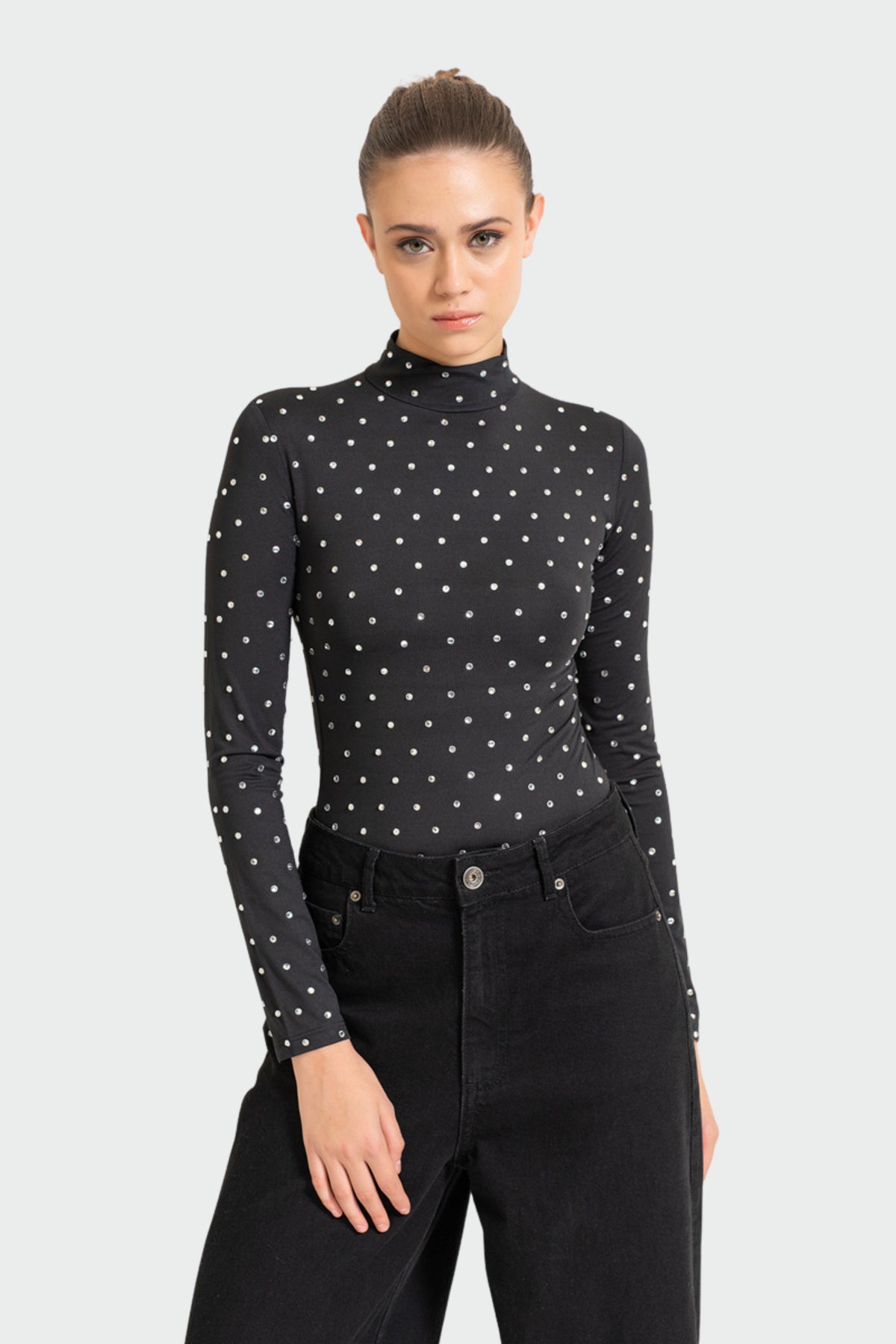 Black Mock Neck Embellished Top