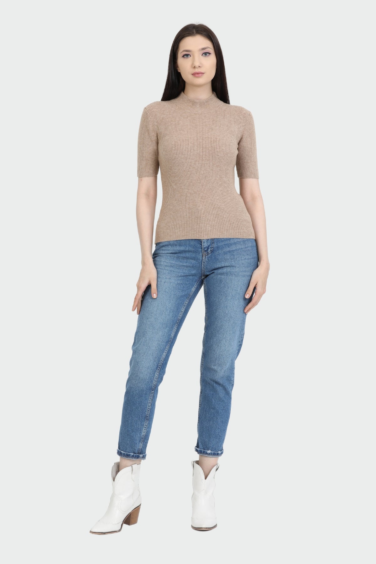 Mock Neck Elbow Sleeve Rib Sweater