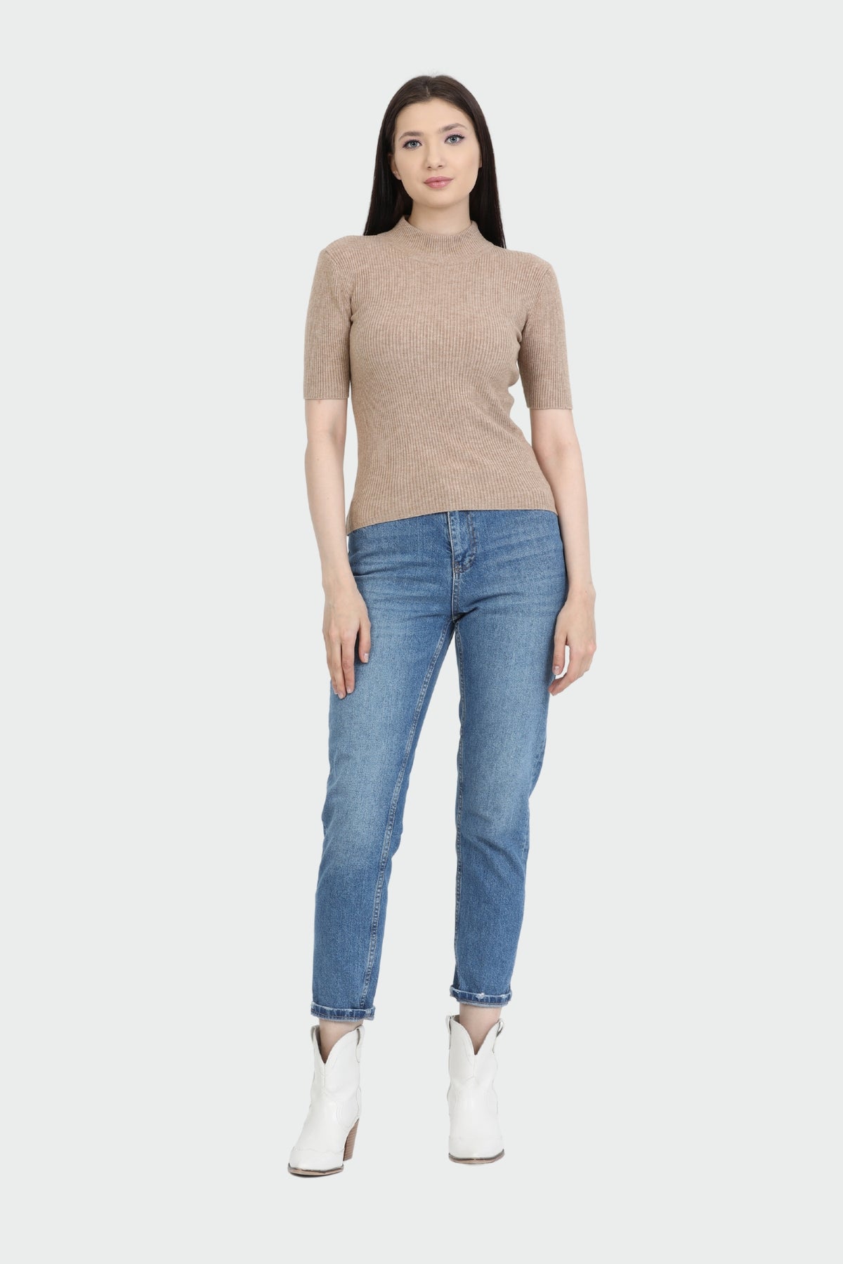 Mock Neck Elbow Sleeve Rib Sweater