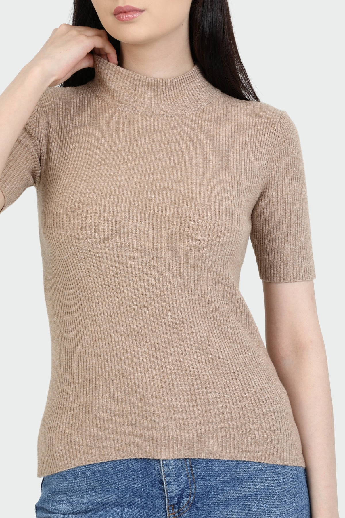 Mock Neck Elbow Sleeve Rib Sweater