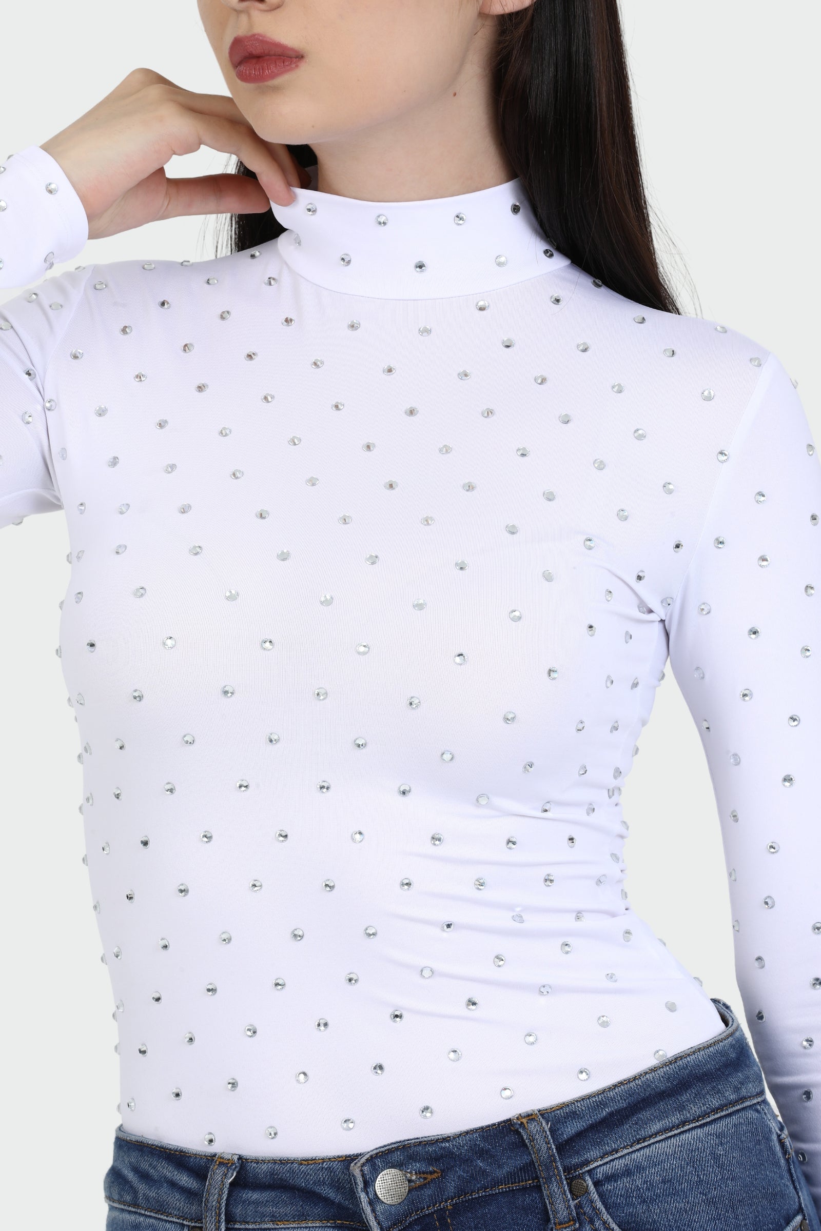 Heny Star White Mock Neck Embellished Top
