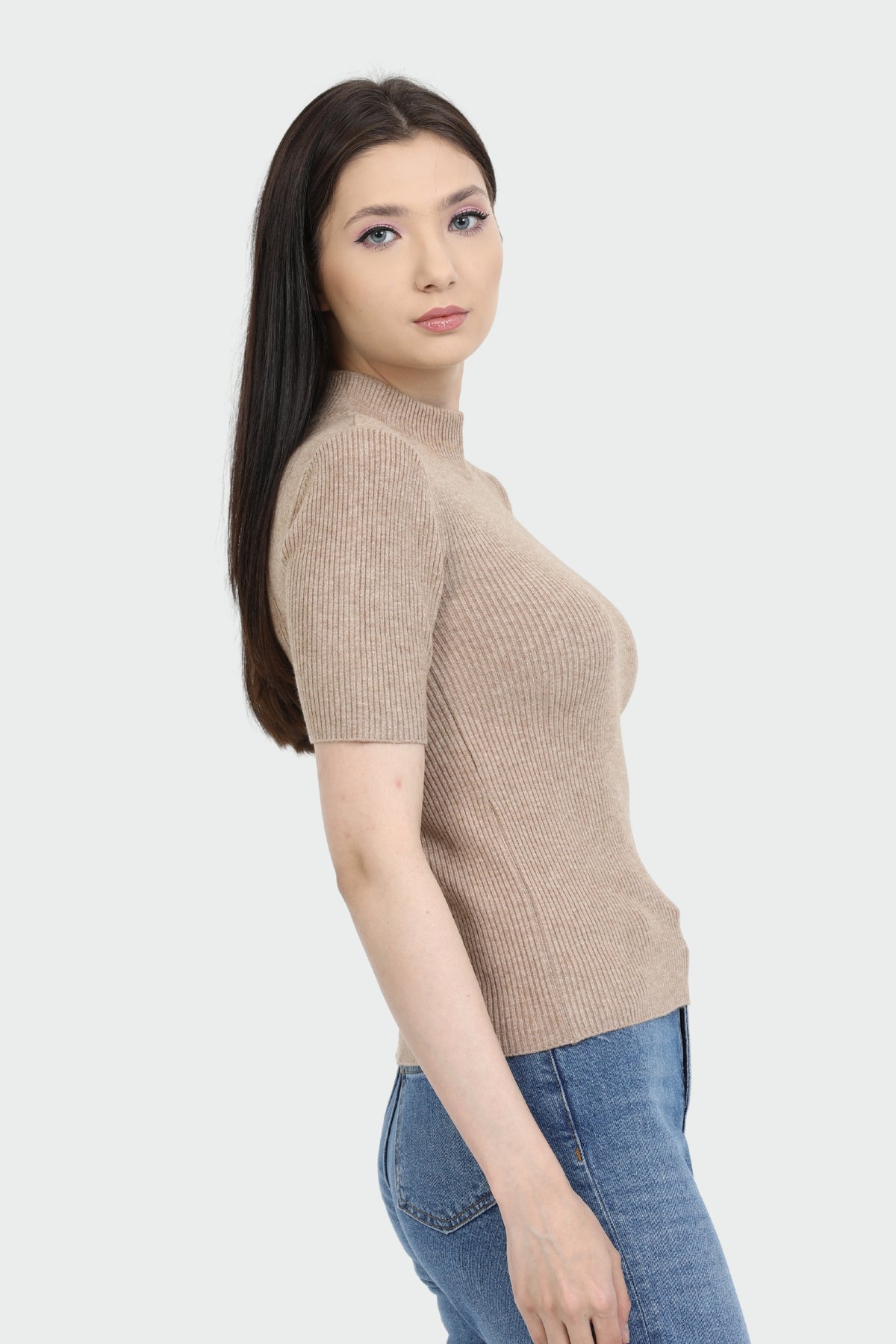 Mock Neck Elbow Sleeve Rib Sweater