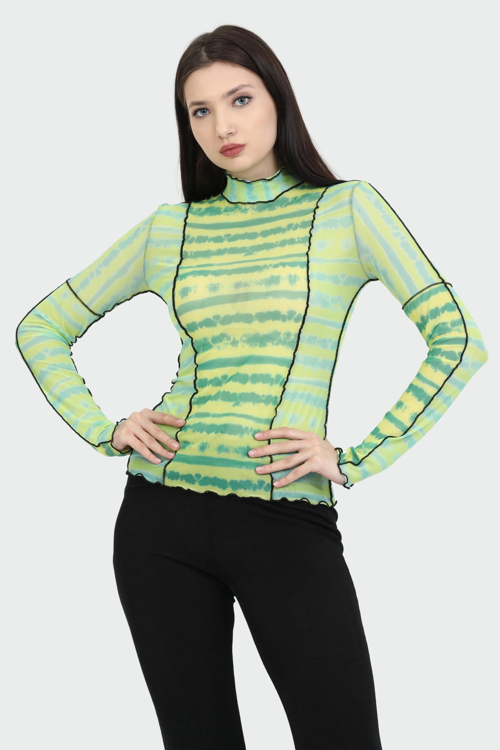 Turtleneck Long Sleeve Green Mint Yellow Tie Dye Blouse