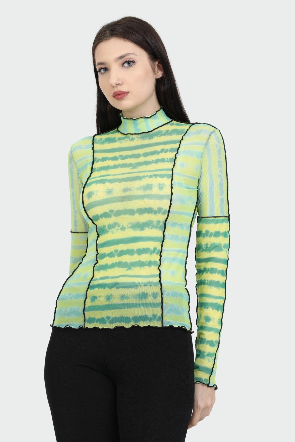 Turtleneck Long Sleeve Green Mint Yellow Tie Dye Blouse