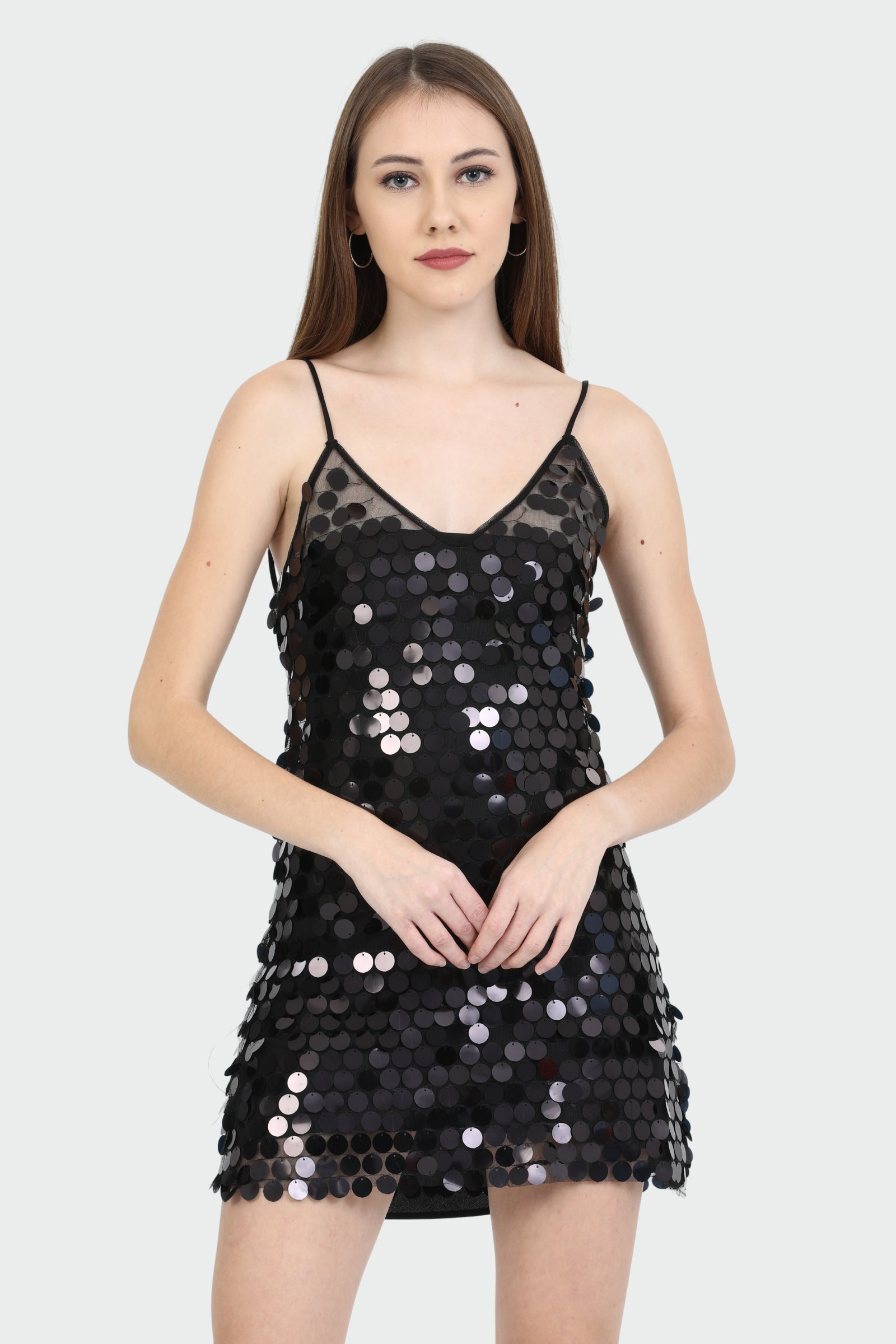 Sheer Disc Sequin Black Dress