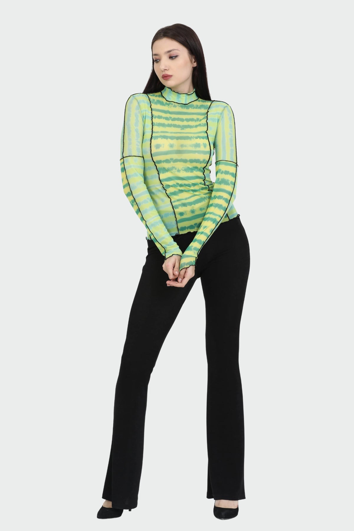 Turtleneck Long Sleeve Green Mint Yellow Tie Dye Blouse